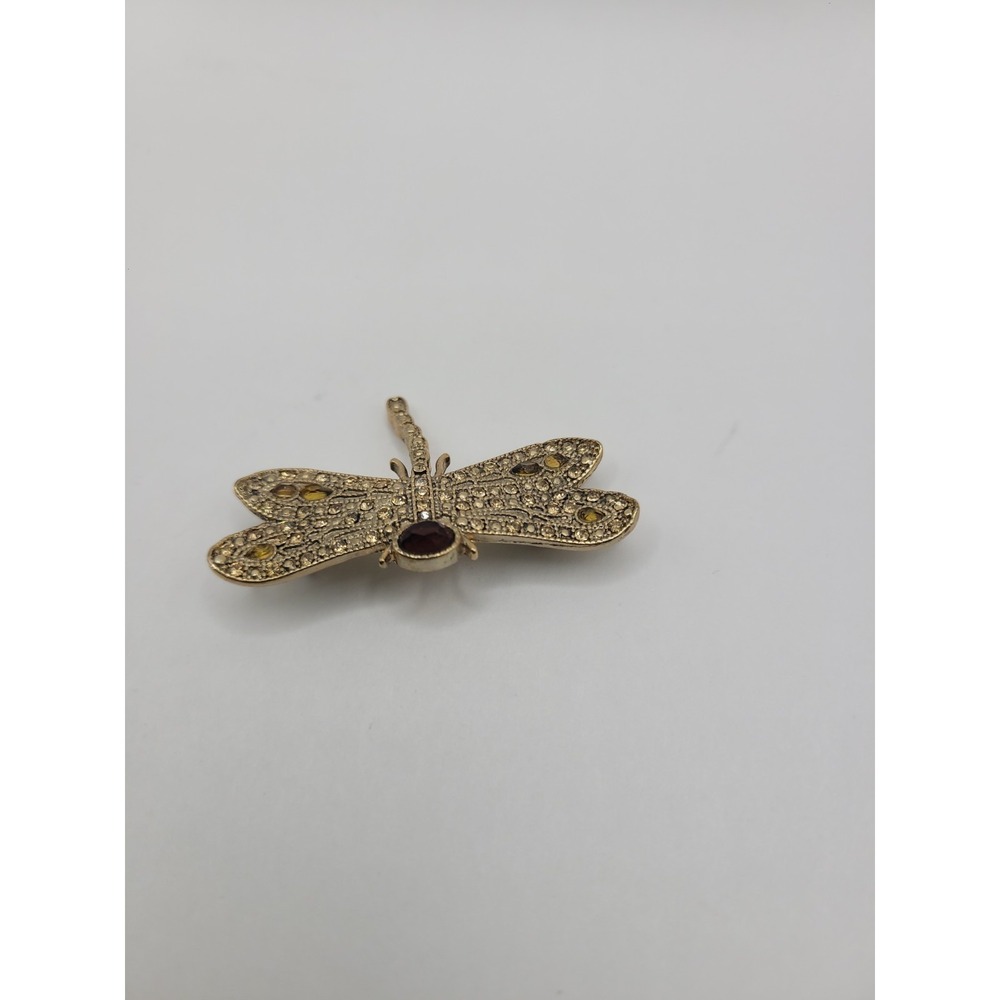 Vintage Monet Dragonfly Brooch Gold Tone Amber Rhinestone Insect Figural Pin Sig - Picture 7 of 12